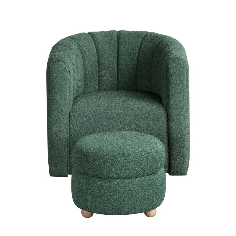 Modern Contemporary Swivel Chair with Ottoman Boucle Fabric Upholstery Solid Wood Living Room Furniture, Green Boucle