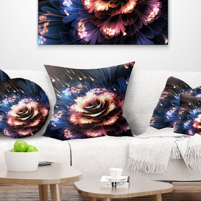 Fleur fractale orange et bleu - coussin à imprimé floral, 16 po x 1 po, Coussin décoratif