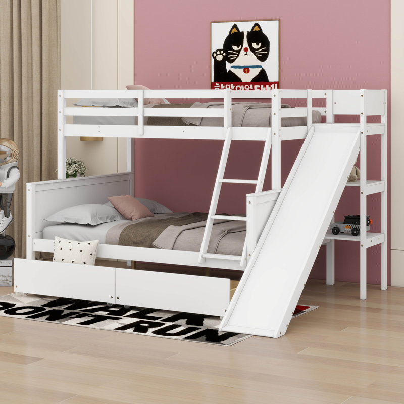 Cleary Twin Over Full 2 Drawer Solid Wood Standard Bunk Bed with Slide and Shelves, Gray