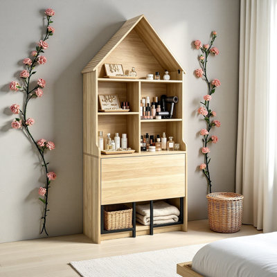 Folding Craft Desk with Storage Shelves, Convertible Hideaway Desk to Bookshelf, Foldable Desk with Storage, Disappearing Desk for Small Spaces