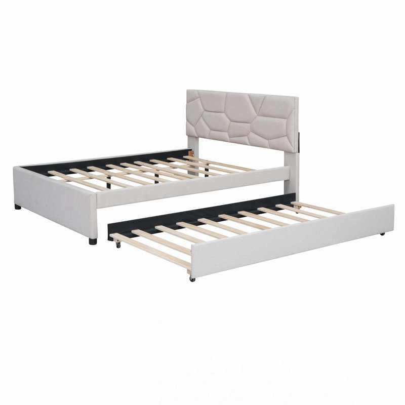 Lit plateforme tapissier avec lit gigogne, Beige, Full