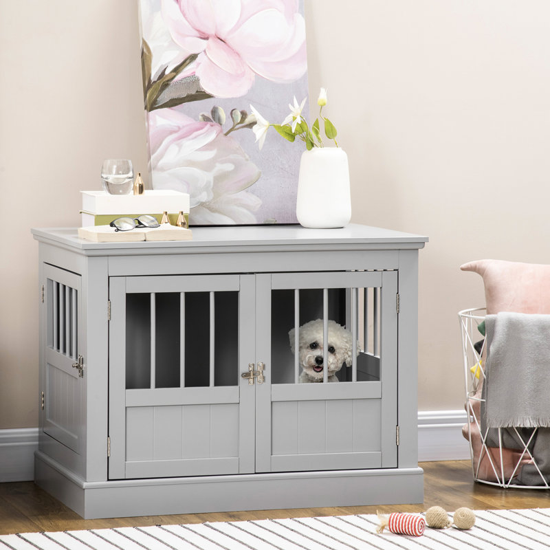 Petite cage pour chien, avec une construction solide, un chenil en bois gris comme table de bout, pour les chiens