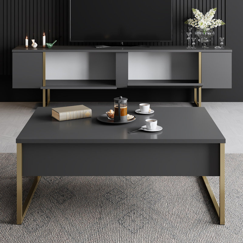 Meuble télé moderne avec pieds en métal, anthracite et or, 70,9 po x 11,8 po x 19,7 po | 100% panneau de particules enduit de mélamine, épaisseur: 0,7 pouce | Design industriel élégant, parfait pour le salon et les espaces de divertissement