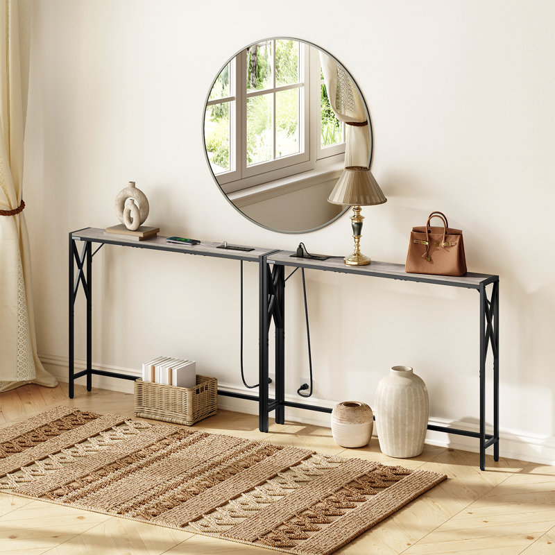 Naun 78.7" Console Table with Power Outlet Narrow Sofa Table, Gray