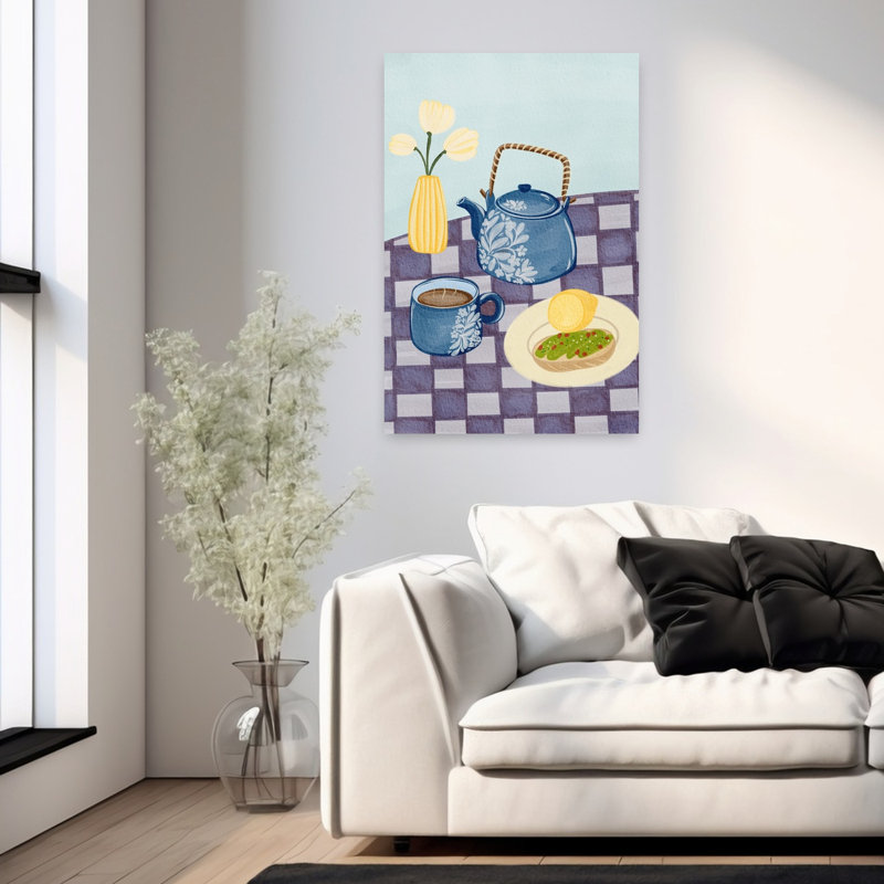 Art mural fleuri bleu, théière bleue