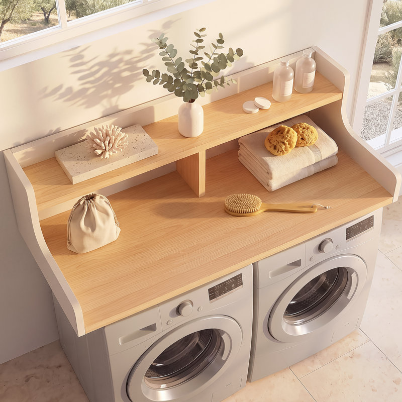 OMCHOM Double-Tier Wooden Laundry Countertop - Space-Saving Storage Organizer with Enhanced Stability & Easy-Clean Surface