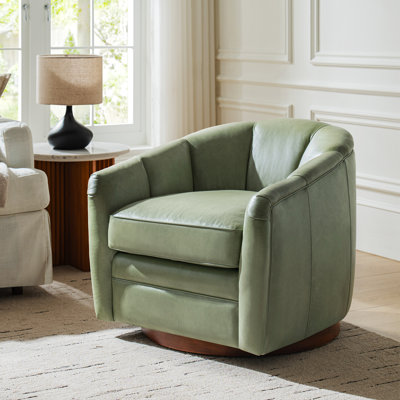 Guarracino 29.25" Top-Grain Leather Swivel Chair With Solid Wood Base