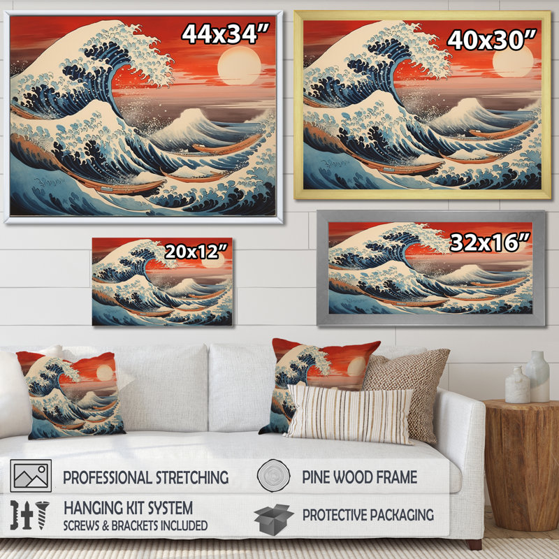 «Master Great The Red Great Of Kanagawa V», reproduction d'art sur toile, H 34 po x l 44 po x P 1,5 po, Encadrement doré