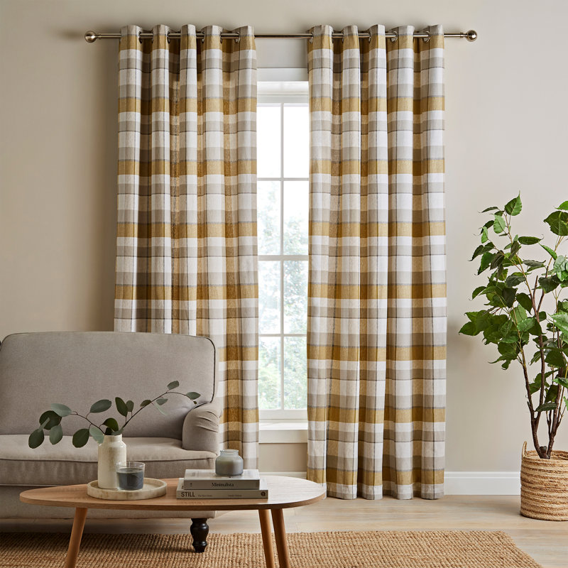Brushed Cotton Thermal Check Lined Eyelet Curtains, Ochre, 117 W x 137 D cm