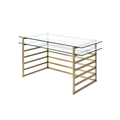 Rectangular Desk With Clear Glass Top, Antique Gold Finish Metal Sled Base, Single Compartment Storage Writing Top And Shelf, Open For