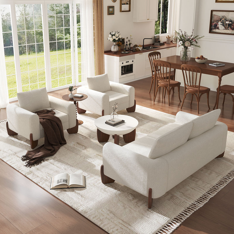 Irio 3-Piece Modern Modular Sofa Set With Bouclé Upholstery And Rubberwood Legs, Beige