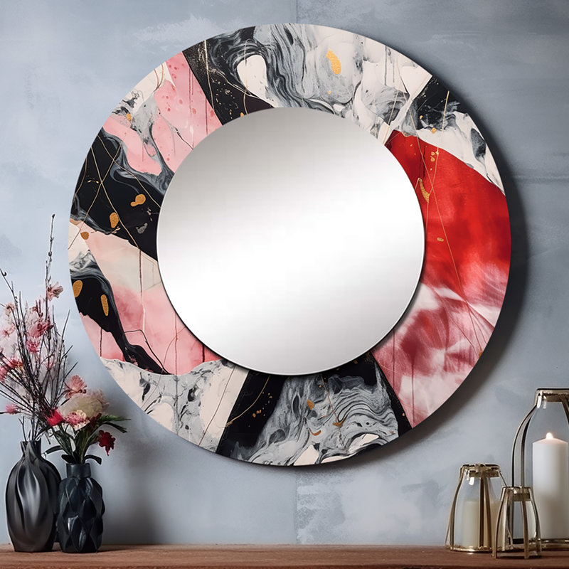 Peria Red and Black Marble Whispers II - miroir mural décoratif en marbre, grand miroir rond moderne, impression d'art en métal