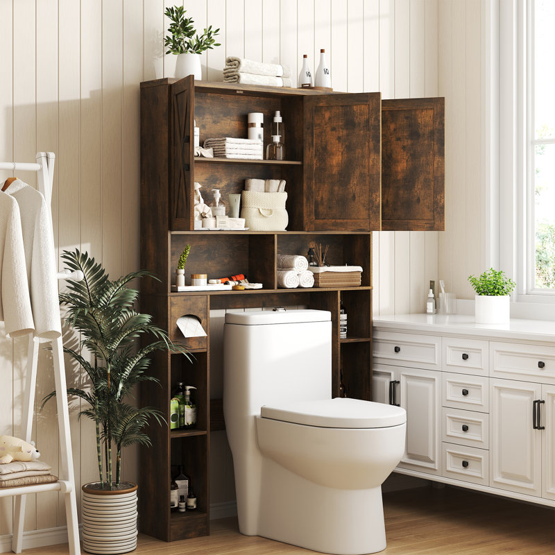 Over The Toilet Storage Cabinet With 3 Barn Doors, Brown