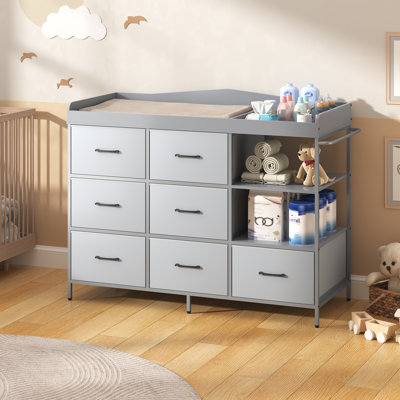 Modern Baby Changing Table With Storage Drawers, Nursery Dresser Organizer With Open Shelves And Fabric Bins For Infant Essentials