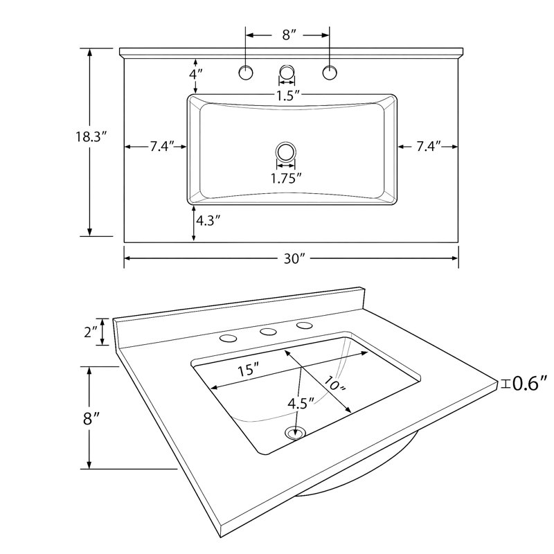 Plan de toilette en marbre artificiel blanc de Carrare 76 x 46 cm avec lavabo intégré à trop-plein et robinetterie à 3 trous (plan seulement).