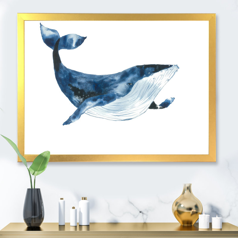 Baleine bleue sur fond blanc VI - peinture sur toile, H 12 po x l 20 po, Cadre photo doré