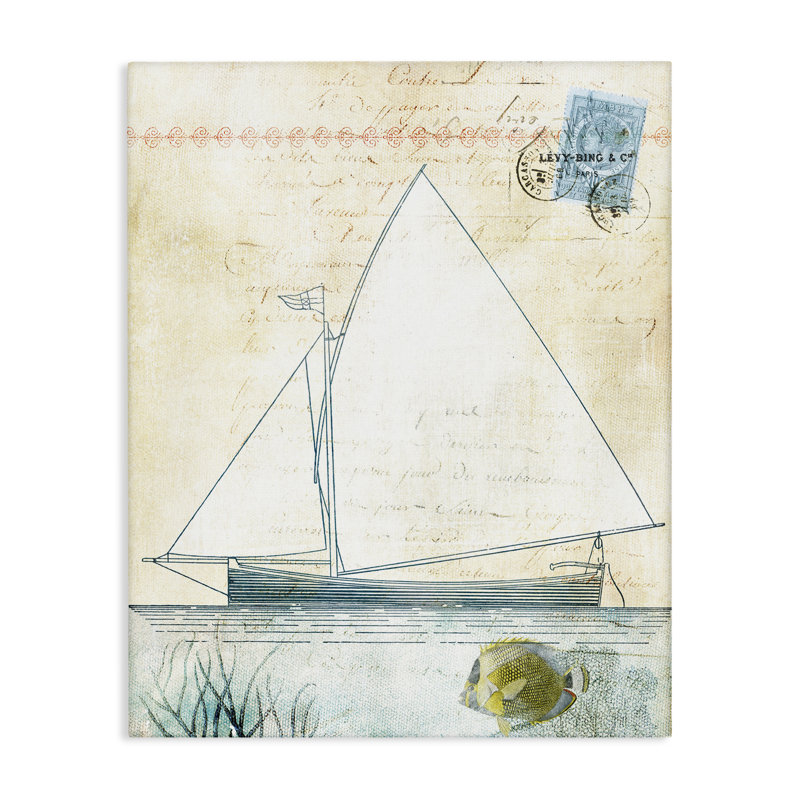 Art mural sur toile, voilier antique et timbre postal, design par Susan Arnot, H 48 po x l 36 po