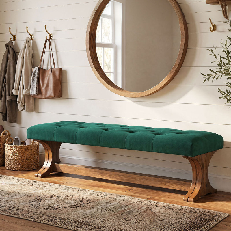 Banc de 55 po à l'extrémité du lit tapissier, banc d'entrée en bois massif touffeté, Brown,Green