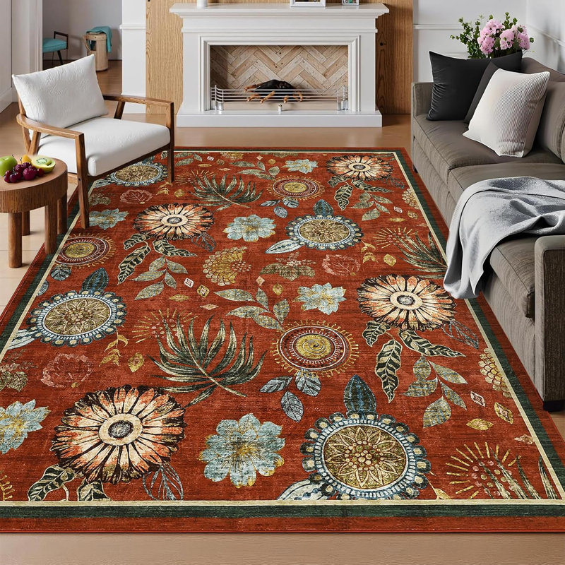 4x6 Vintage Botanical Print Area Rug, Washable Non-Slip Soft Carpet for Bedroom, Living Room, Office, Stain-Resistant, Brick Red