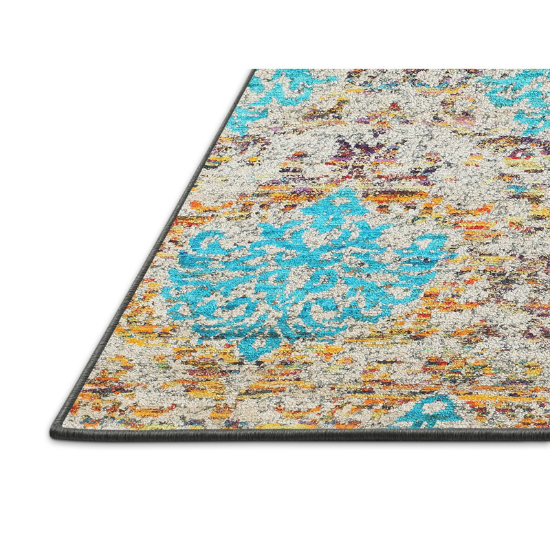 Tapis bleu/jaune contemporain, Rectangle 3 pi x 5 pi