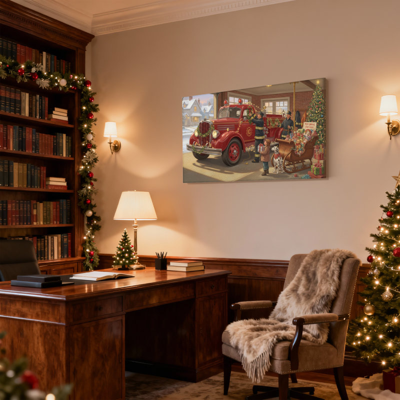 Scène de caserne de pompiers de Noël avec traîneau et arbre, ensemble de 3 impressions murales sur toile, H 24 po x l 36 po