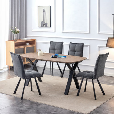 Ensemble de table de salle à manger 63 pouces pour 4 à 6 personnes, effet chevron en bois, forme ovale légère, avec structure en métal, table de salle à manger de style maison de campagne pour la salle à manger, la cuisine, le bureau personnel