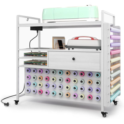 Craft Organization & Storage Compatible with Cricut Machines, Rolling Organizer with Power Outlet, Large Drawer & 54 Vinyl Roll Holder, Craft Cart Cabinet Table Workstation