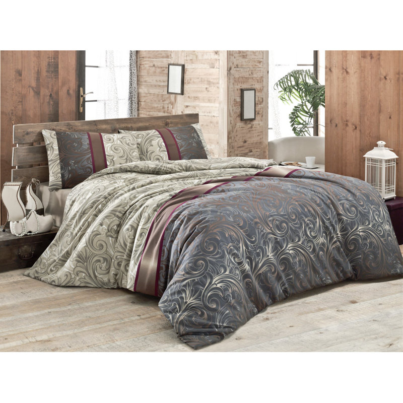 Luxury King Quilt Cover Set, Cream & Black, Grey & Claret Red, 79 x 87 | 65% Cotton / 35% Polyester, 127 Thread Count | Machine Washable, Envelope & Button Closure | Soft, Stylish Bedding for Elegant Bedrooms
