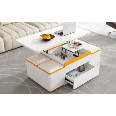 Table basse à plateau relevable avec tabourets de rangement, table centrale moderne avec plateau pliable, table basse réglable multifonctionnelle pour le salon