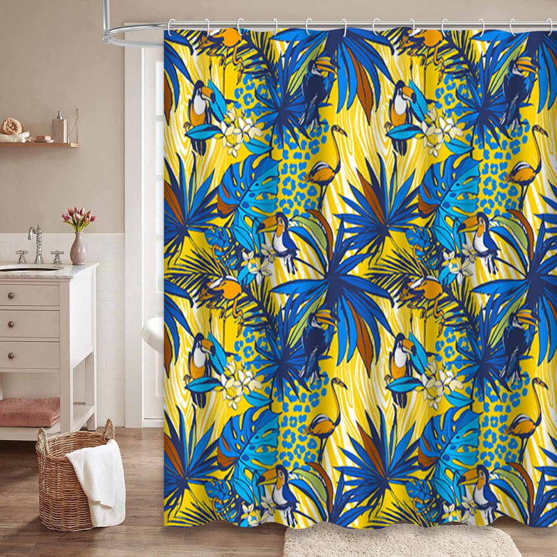 Tropical Monstera Seamless Flamingo Design Waterproof Shower Curtain with 12 Hooks, 72" L x 84" W