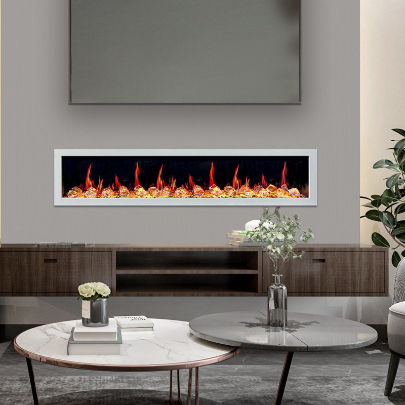 Litedeer Homes Latitude II ZEF78X 78" Smart Electric Fireplace | Ultra-Slim Wall Mounted & Recessed | HD Multi-Flame, Breathing Logs with Crushed Ice Rocks Decor, App Control