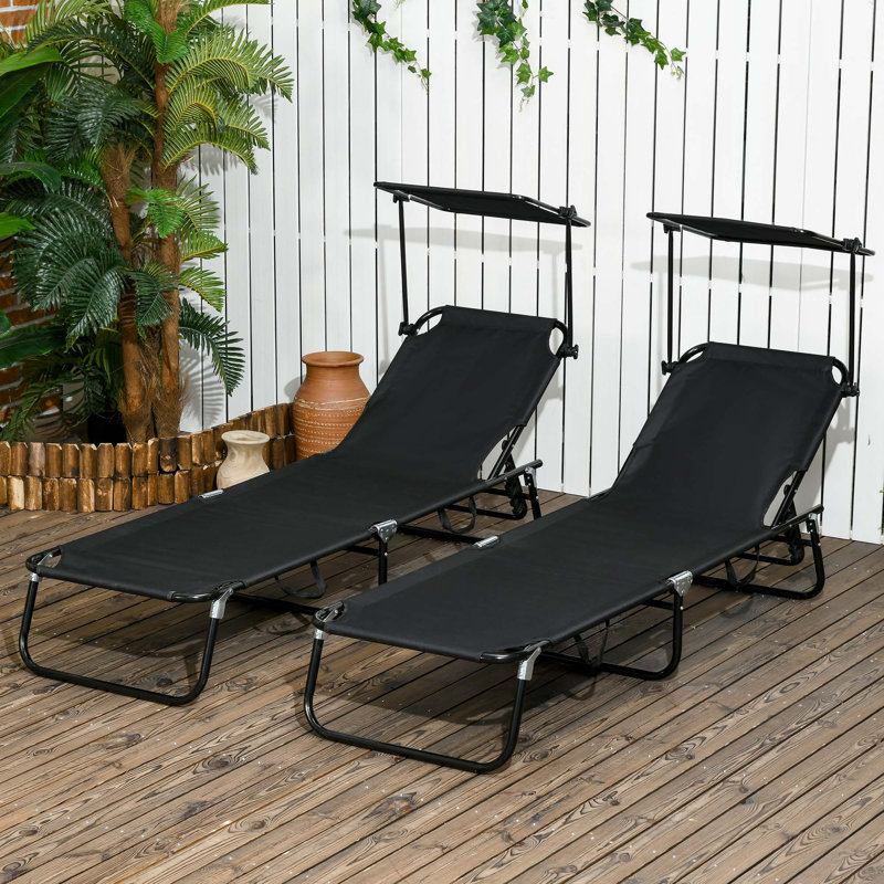 Outsunny Folding Chaise Lounge Pool Chairs, Outdoor Sun Tanning Chairs With Canopy Shade, Reclining Back, Steel Frame And Side Pocket For Beach, Yard, Patio, Black