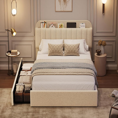 Bed Frame with 2 Flexible Drawers and Bookcase Headboard, Boucle Upholstered Platform Bed, Noise-Free, Easy Assembly, No Box Spring Needed