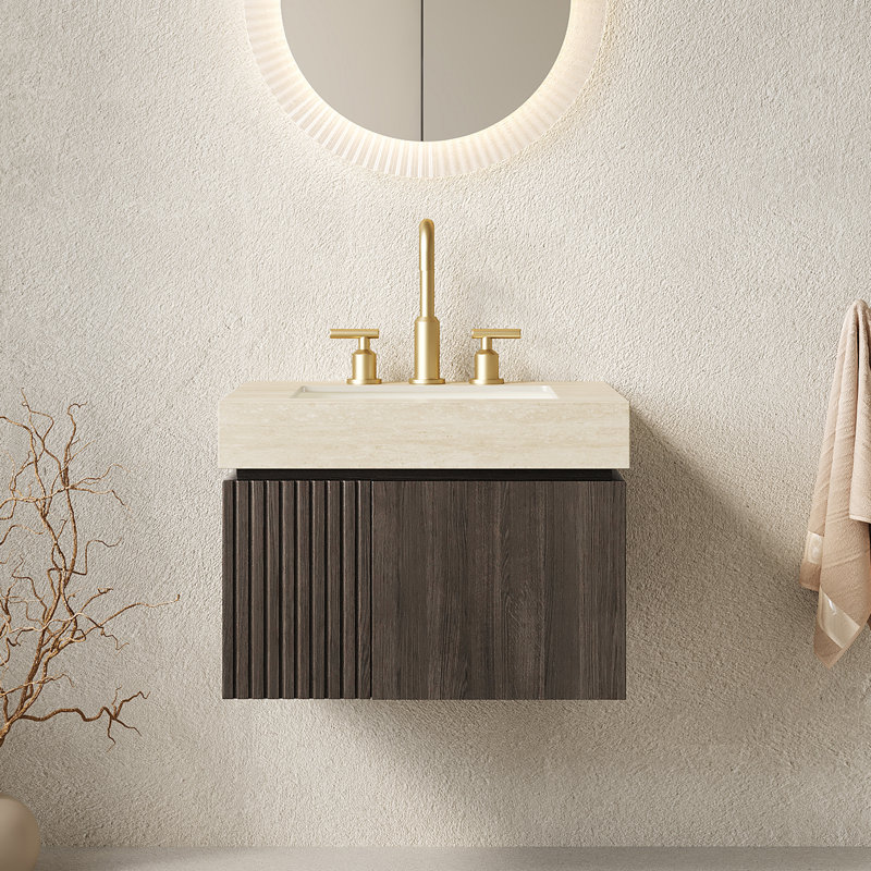 Meuble-lavabo flottant espresso 24 po avec comptoir en travertin Roma, lavabo en céramique et 3 trous de robinet, Espresso
