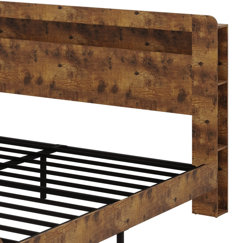 Structure de lit plateforme avec tête de lit à DEL avec rangement et 2 USB, grand rangement sous le lit, Très grand