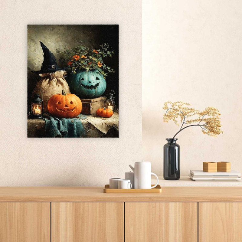 Sourire, citrouilles bleues orange avec chapeau de sorcière, reproduction d'art sur toile, art mural de qualité supérieure pour le salon, 32 x 24 po