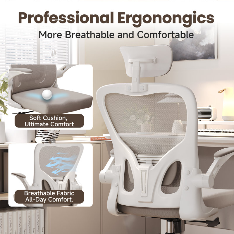 Chaise de bureau ergonomique, chaise de bureau à dossier haut en filet avec support lombaire réglable, appui-tête en 2 dimensions, accoudoirs rabattables, fonction d'inclinaison, chaises de travail pivotantes à roulettes, chaise d'ordinateur pour les 