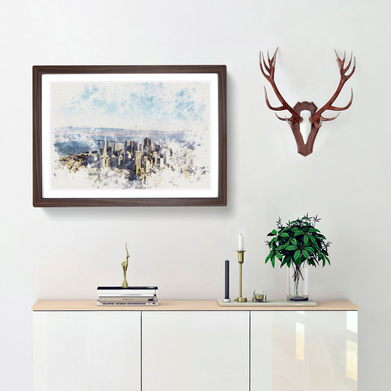 View Of San Francisco Watercolour - Framed Print, 35cm H x 50cm W x 2cm D, Walnut
