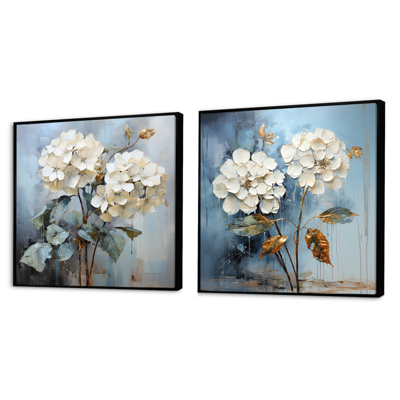Blue Hydrangea Blooms In Gray Tone - Hydrangea Square Collage Set Of 2, 16" H x 33" W, Black Floater Framed