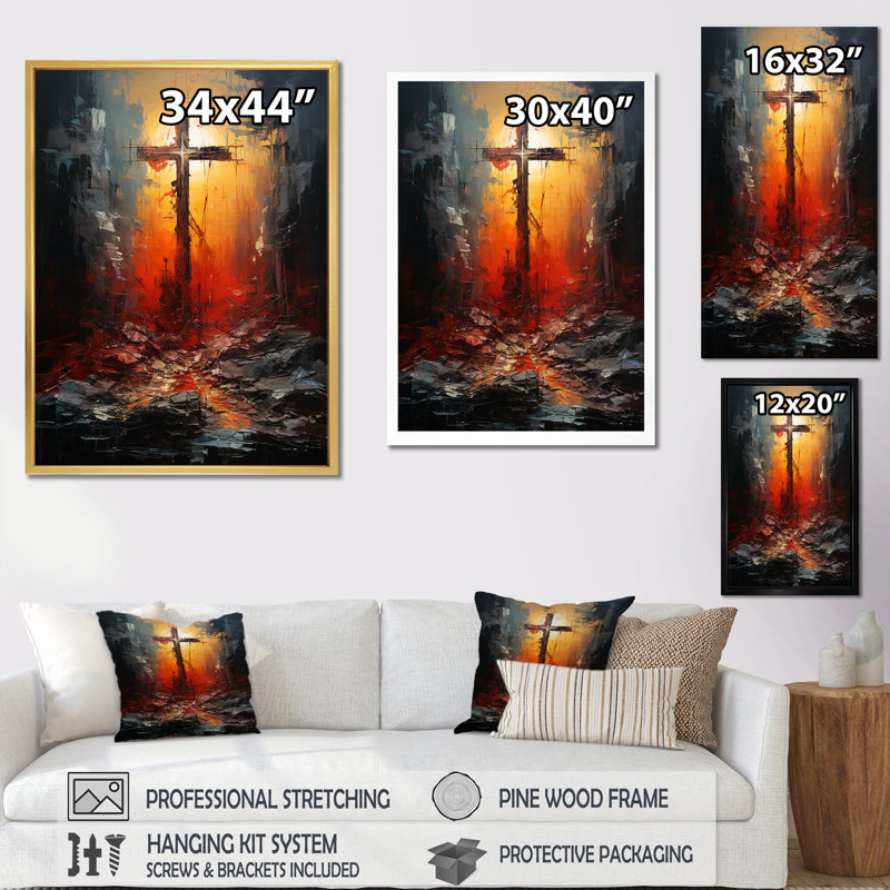 «Cross At Calvary», impression rouge sur toile - Christianisme, Cadre flottant noir, H 32 po x l 24 po x P 1 po