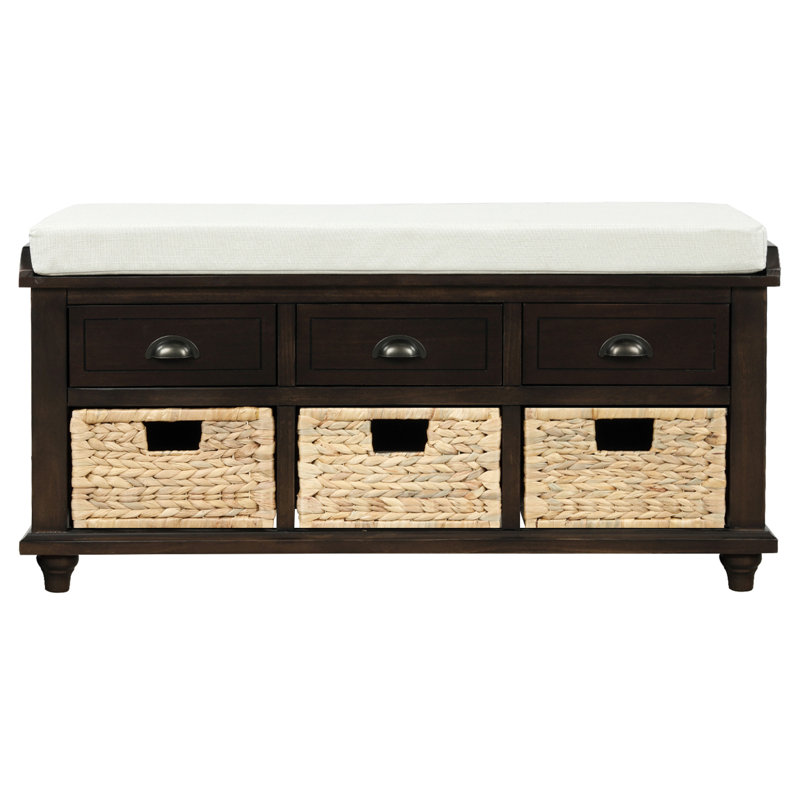 Rustic Storage Bench with 3 Drawers and 3 Rattan Baskets, Shoe Bench for Living Room, Entryway (), Espresso