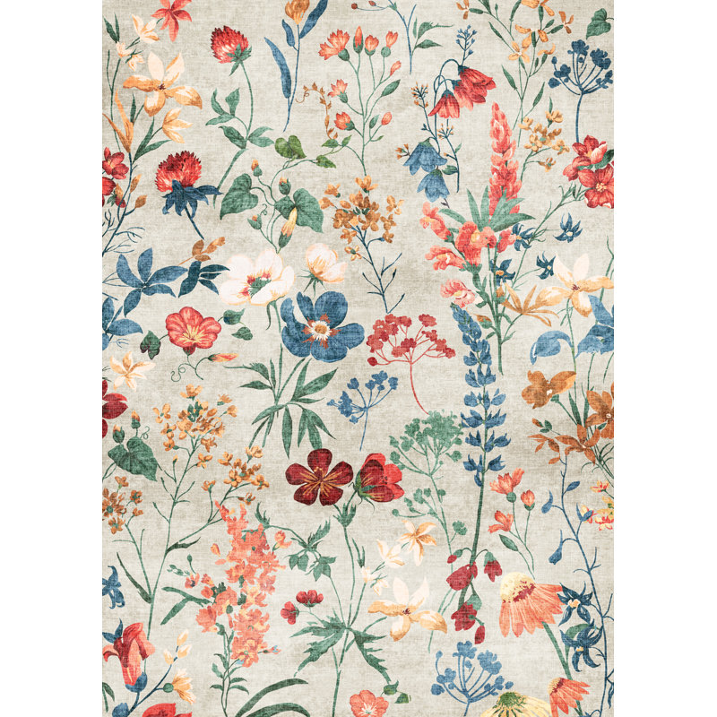Cherry Machine Washable Floral Area Rug With Non-Slip Backing, Rectangle 2' x 3', Beige