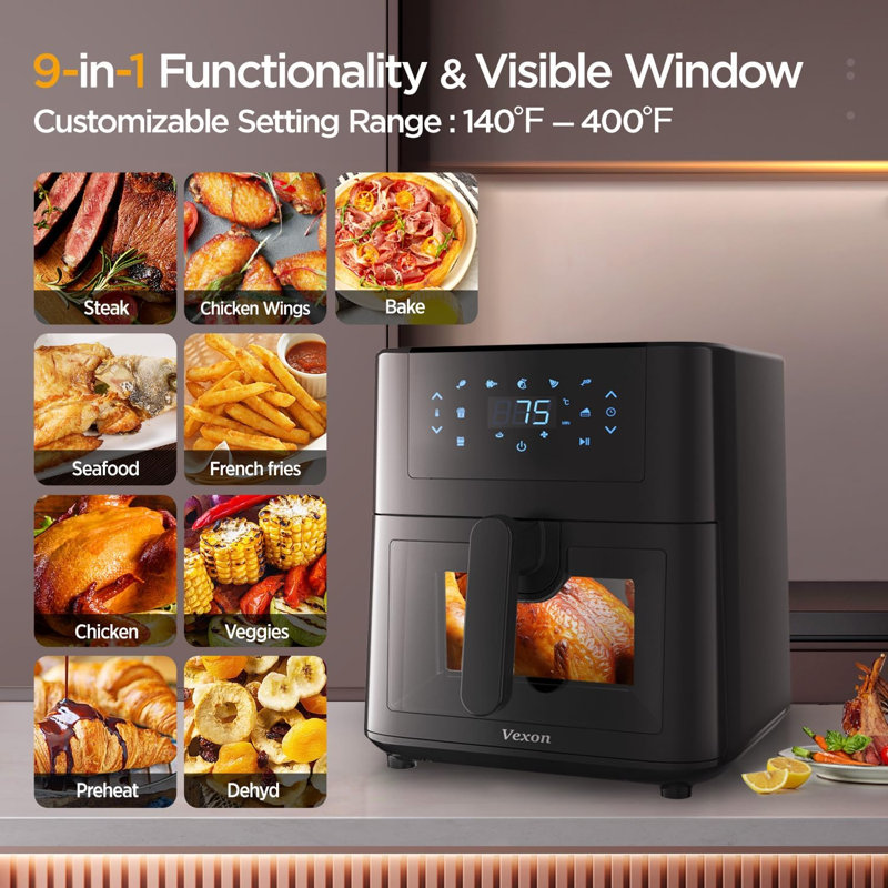 Grande friteuse à air de 7,4 pte avec panier en acier inoxydable 304 sain, séchoir à air antiadhésif 9-en-1 de 1500 W avec fenêtre transparente, lavable au lave-vaisselle et format familial, écran tactile de 140 à 400 po pour frites, poulet