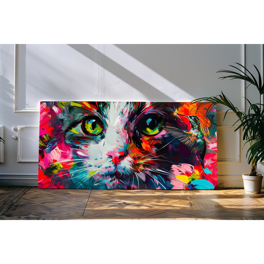 Wandbild 120x60cm Katzen Porträt Kolibri Farbenfroh Bunt Kunstvoll