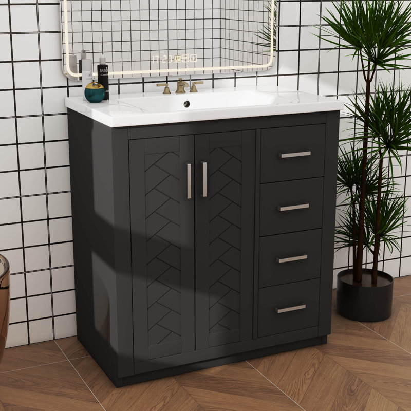 Ensemble de meuble-lavabo 30 po avec lavabo en céramique et 3 portes à tiroir à fermeture douce, Noir, Argent argent