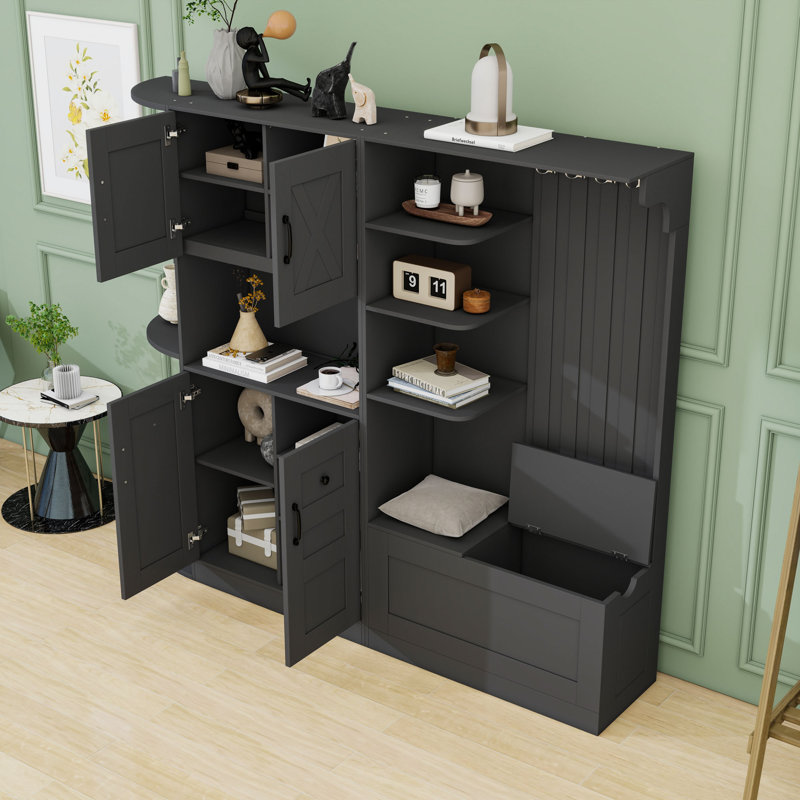 Versatile Hall Tree Combination with Storage Shelves, Hooks, Shoe Bench and Cabinet, Black