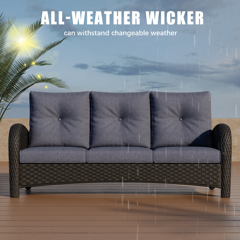 Outdoor Wicker Patio Sofa 3-seater, Navy, Black