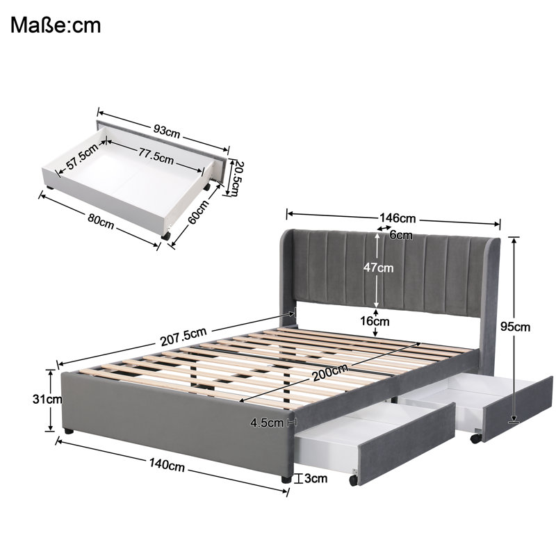 Aymon Upholstered Storage Bed, European Double (140 x 200cm), Grey