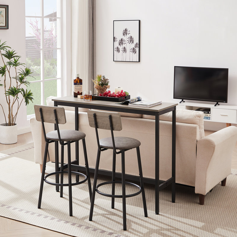 Marthel Bar Table Set With 2 Bar Stools PU Soft Seat With Backrest, Grey, Grey