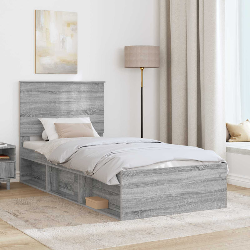 Solid Wood Bed, European Single (90 x 200 cm), Grey Sonoma